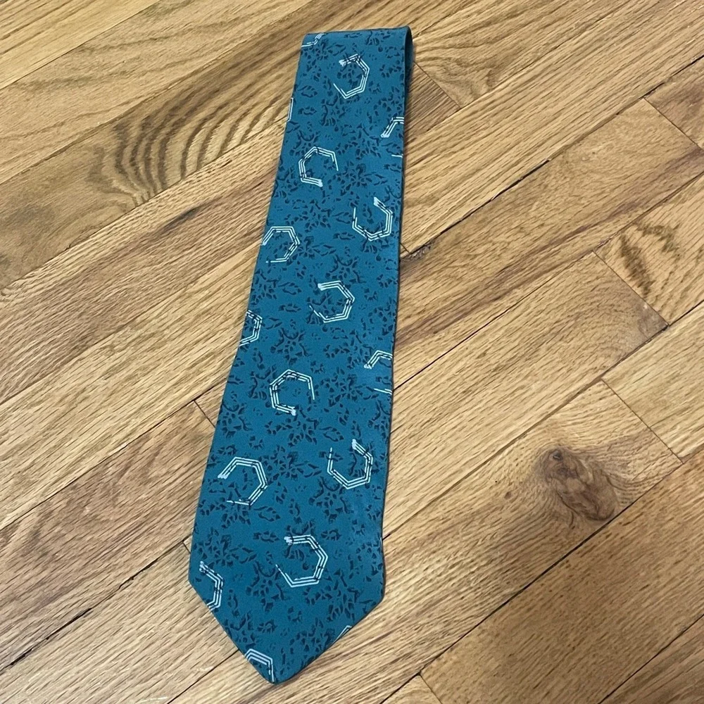 VTG Carlo Palazzi Teal Geometric Hexagon‎ Pattern Silk Necktie Hand Made Italy
